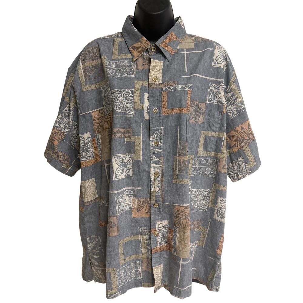 Cooke Street Men Aloha Hawaiian Shirt XL Tan Blue Short Sleeve Vintage EUC
